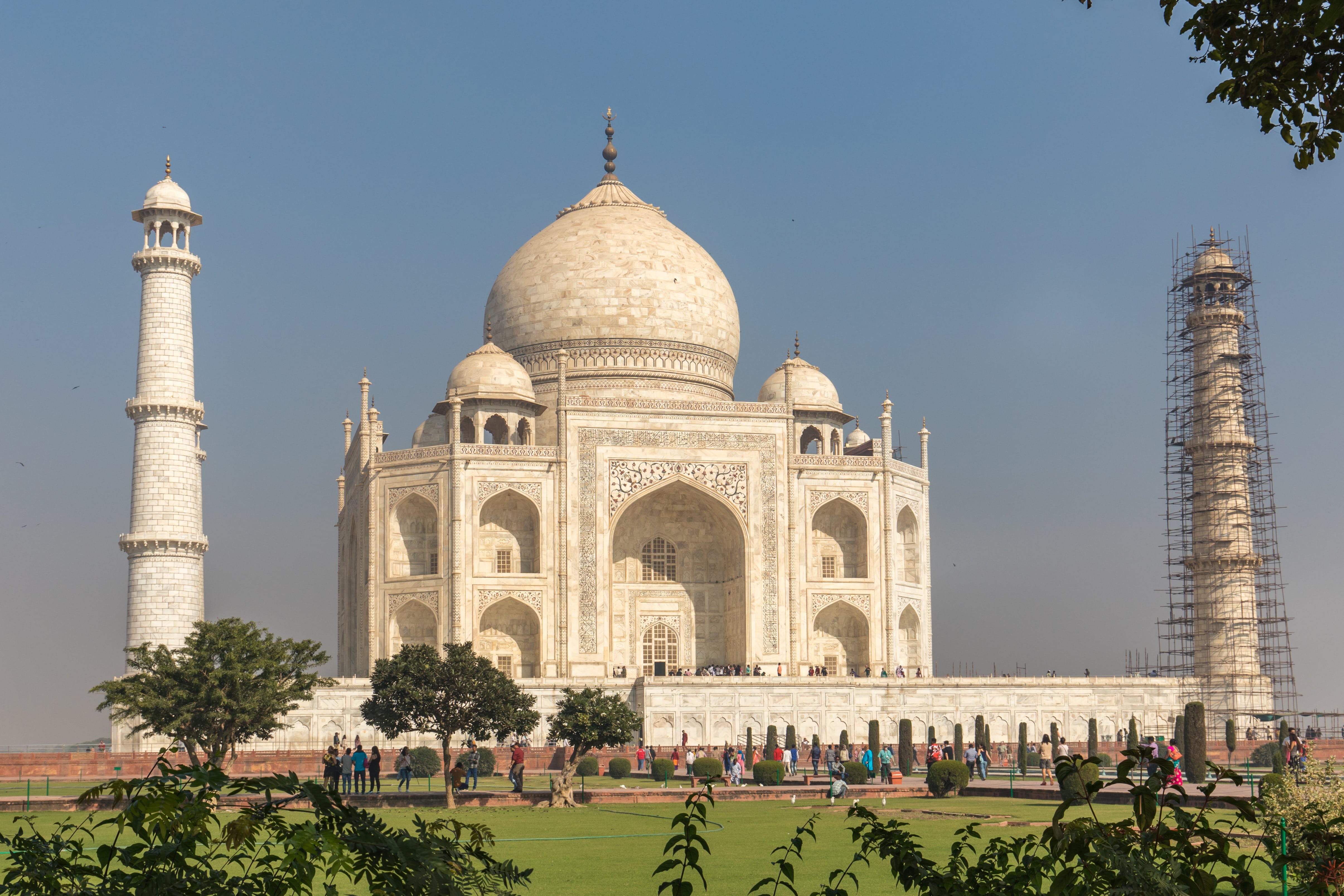 Taj Mahal with scaffolding in Agra, India