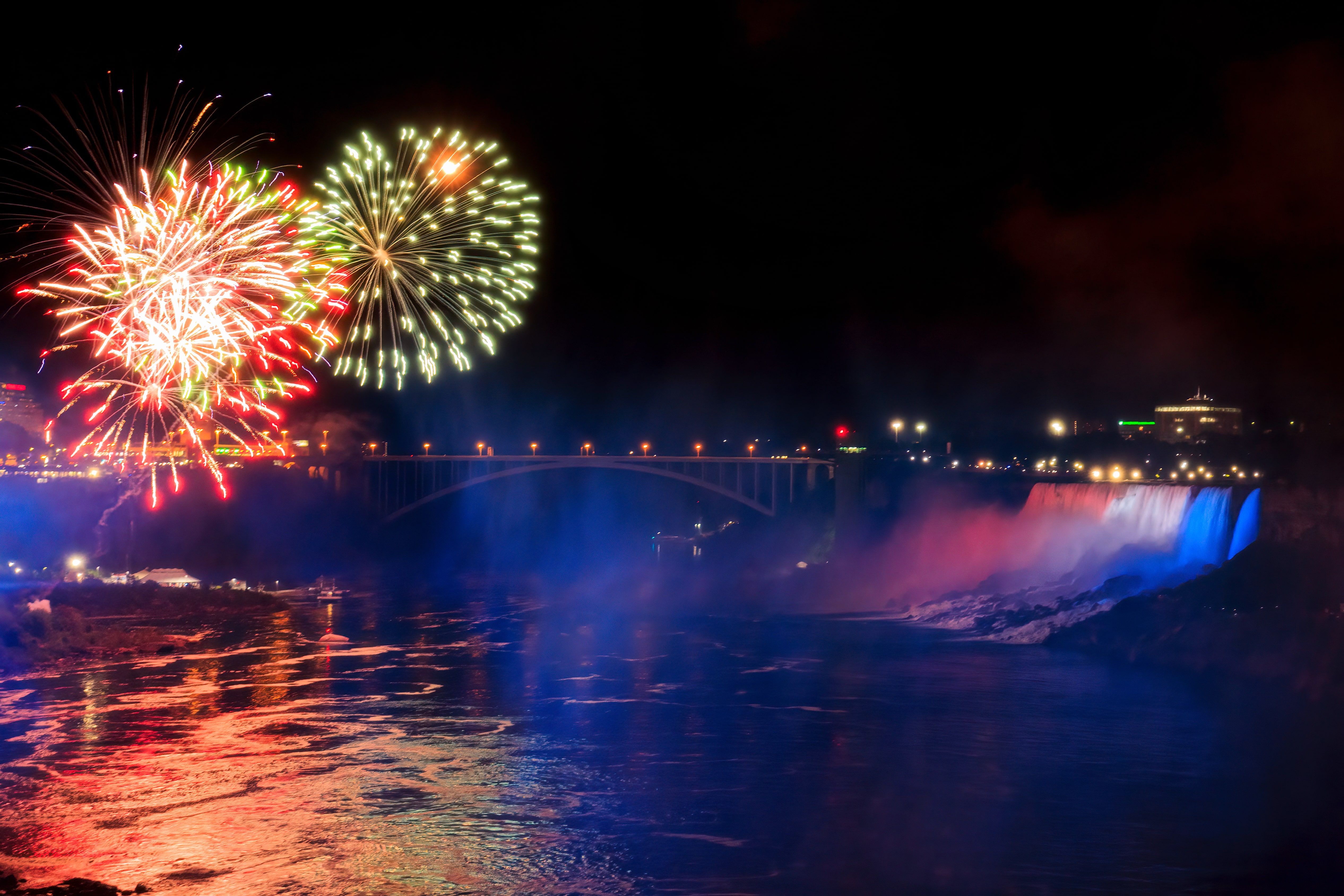 Fireworkings lighting up night sky over Niagara Falls, New York