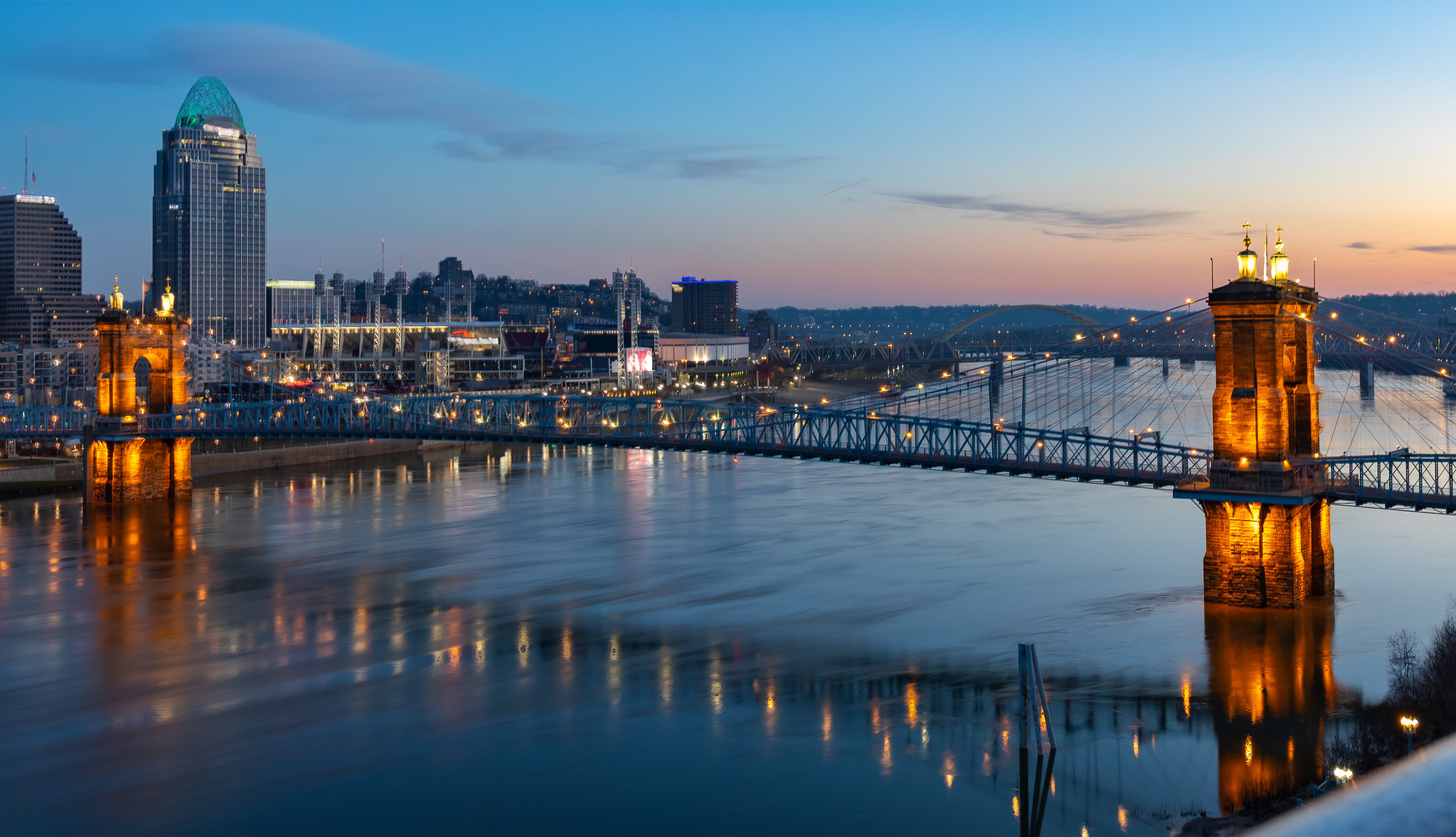 Panaorama of Cincinnati, Ohio skyline at sunset