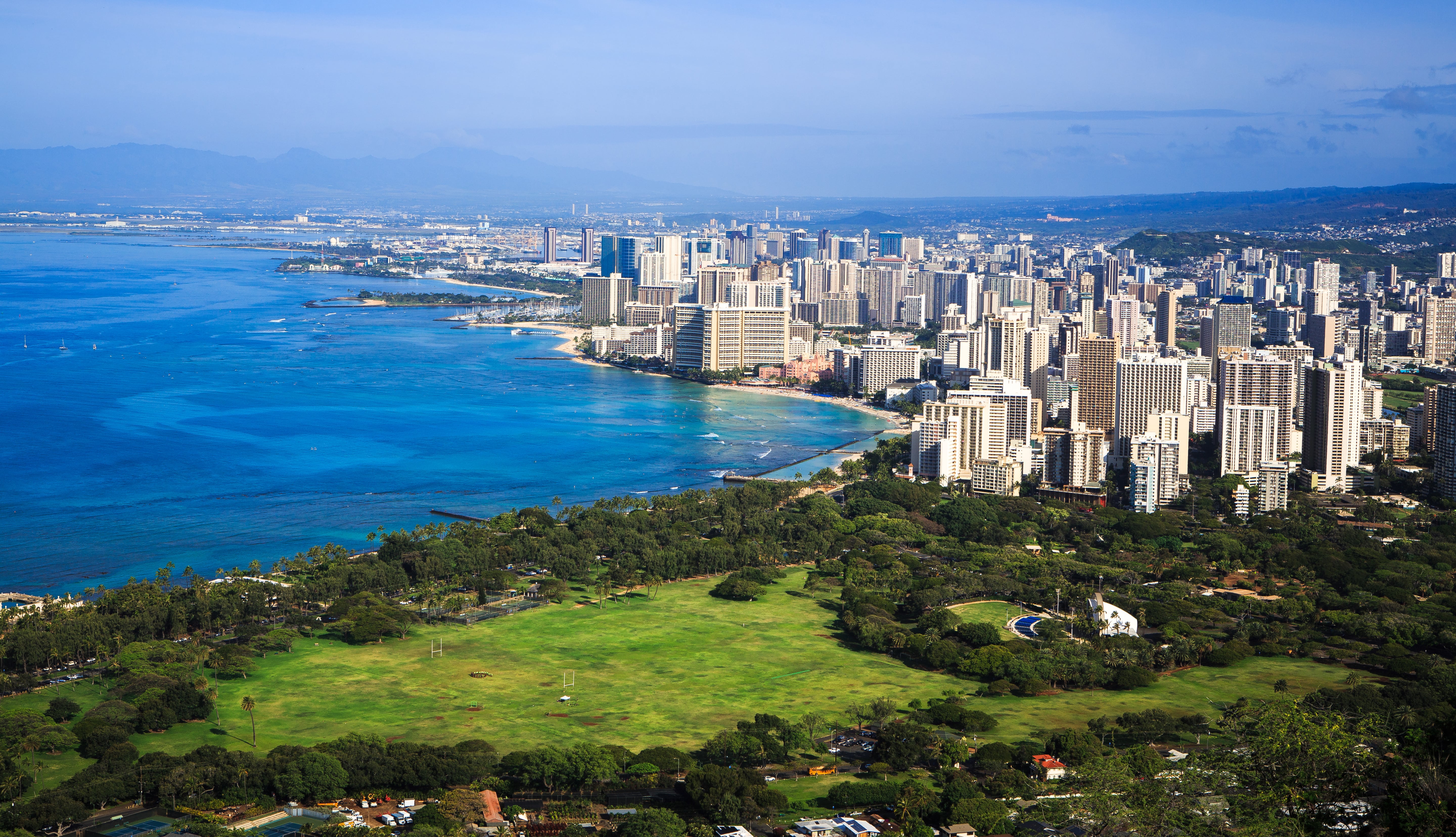 Downtown Honolulu and Waikiki from Diamond Head Crater Summit, Hawaii